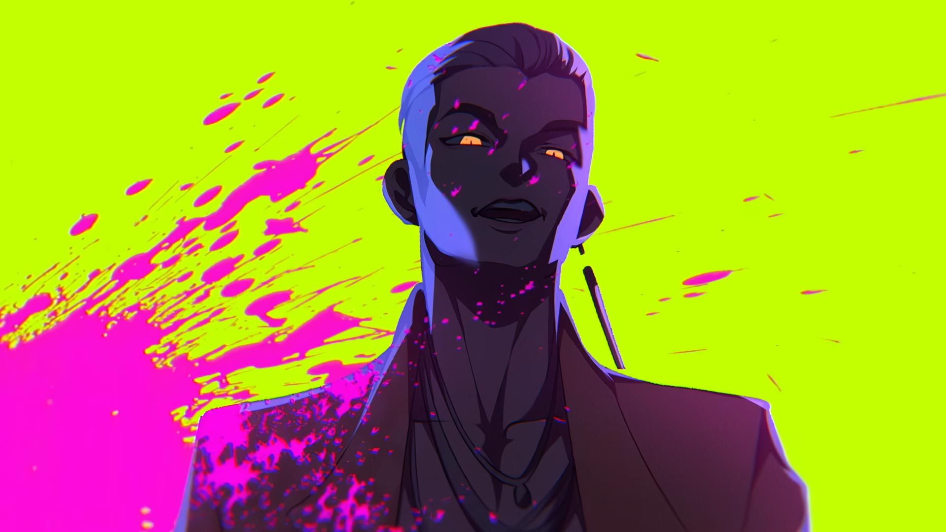 The Trickster from Dead by Daylight. The image is from his Kpop music video and heavily stylized with pink blood spatter on a yellow background.