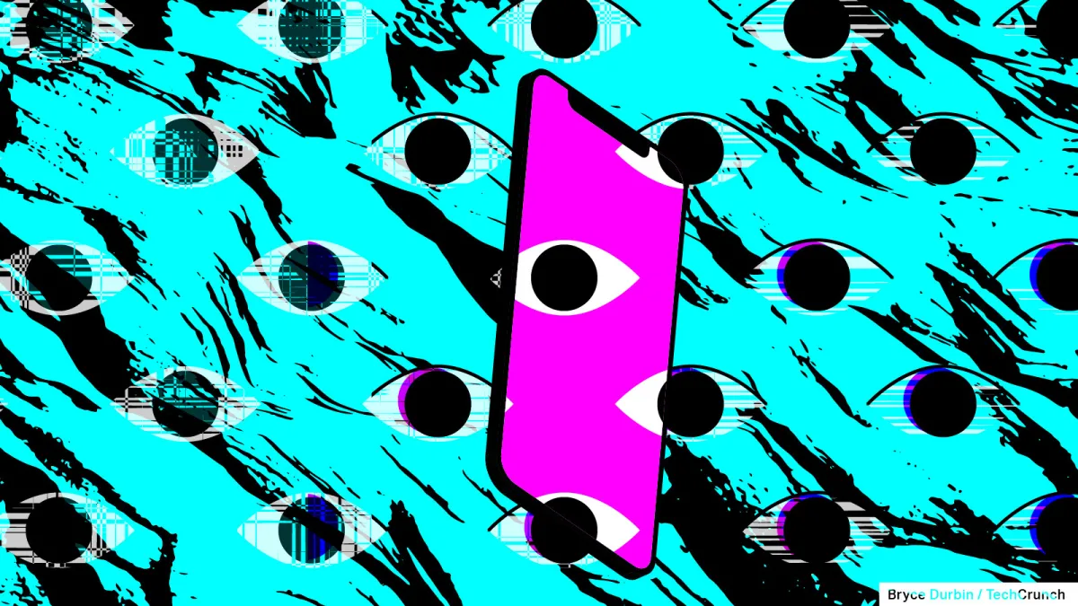 An illustration of a smartphone and creepy eyes in the background.